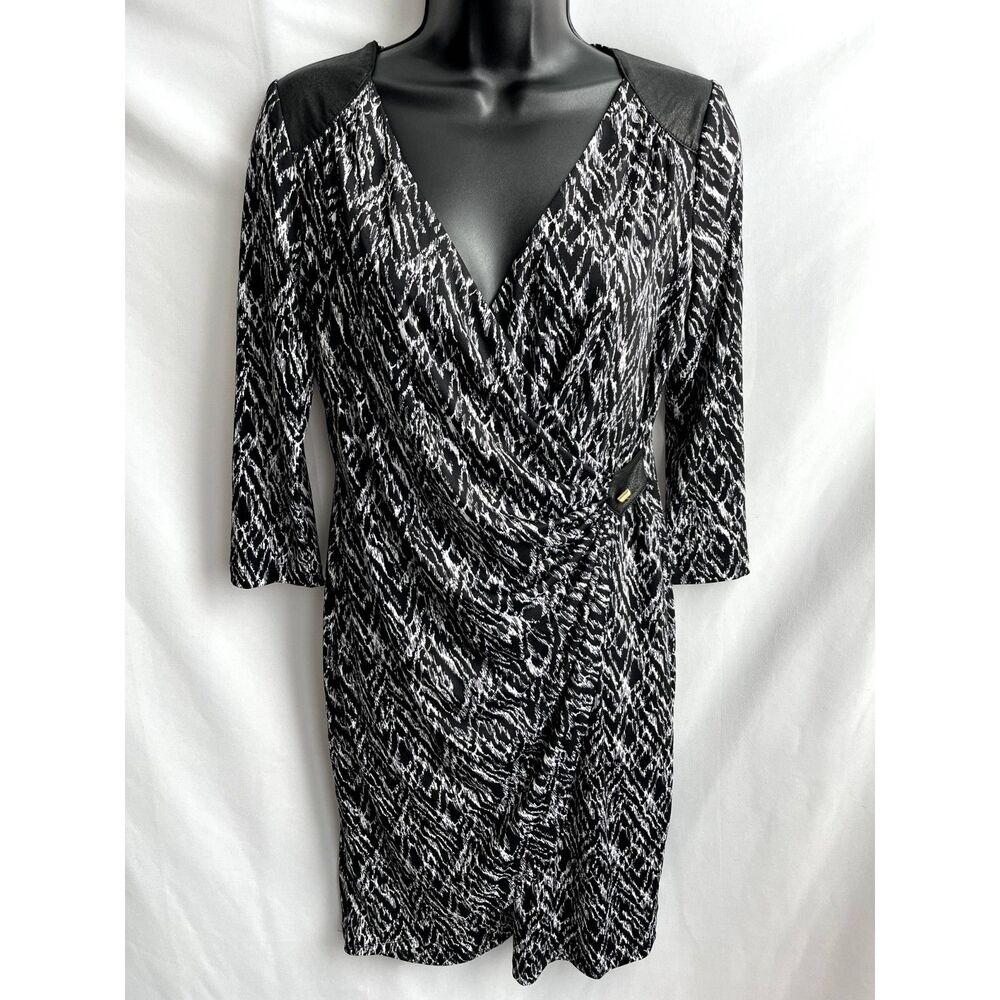 Thalia Sodi Surplice Faux Wrap Dress Leather Inserts Midi M Black Classy Career